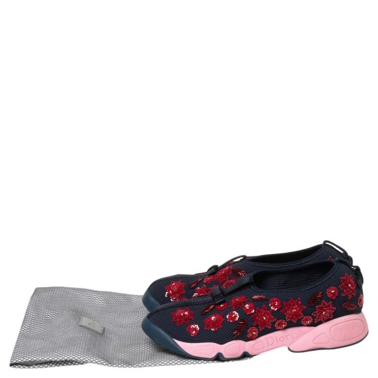 Pre Owned Dior Navy Blue Floral Embellished Mesh Fusion Slip-On Sneakers Size 37.5