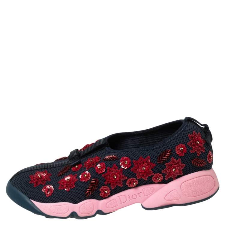 Pre Owned Dior Navy Blue Floral Embellished Mesh Fusion Slip-On Sneakers Size 37.5