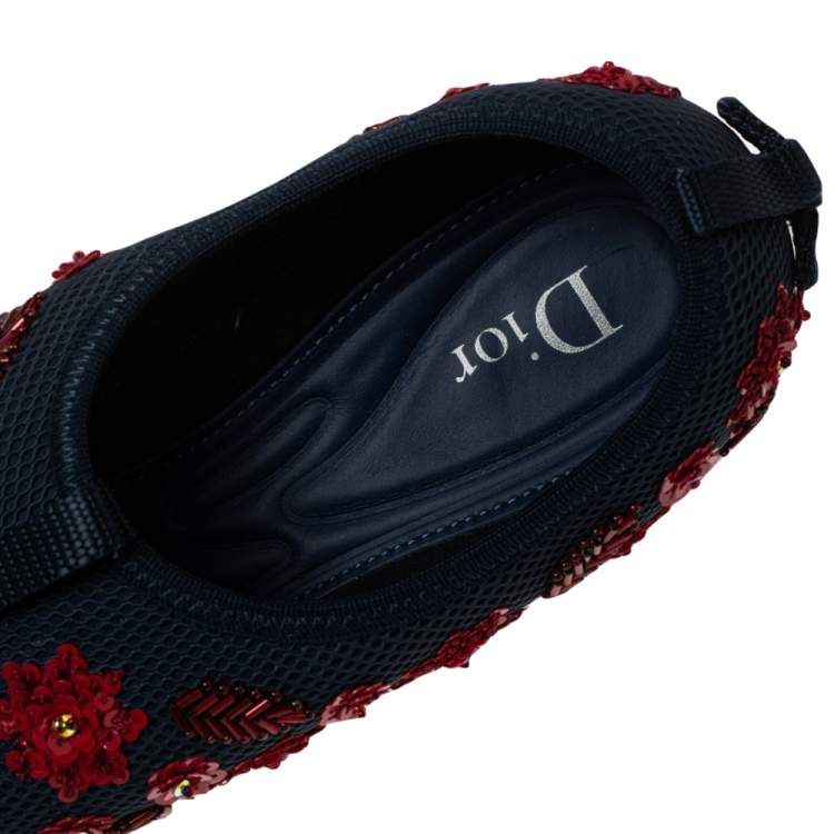 Pre Owned Dior Navy Blue Floral Embellished Mesh Fusion Slip-On Sneakers Size 37.5
