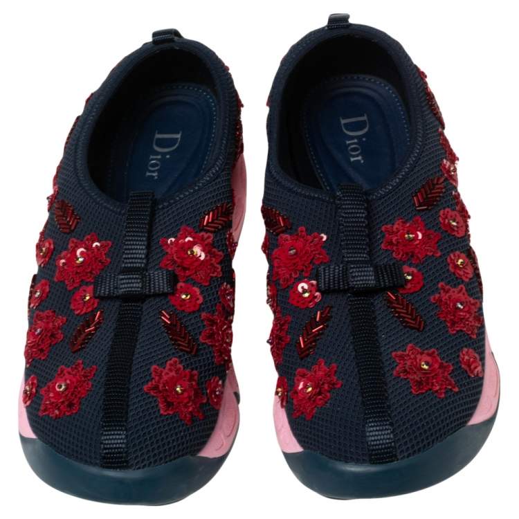 Pre Owned Dior Navy Blue Floral Embellished Mesh Fusion Slip-On Sneakers Size 37.5