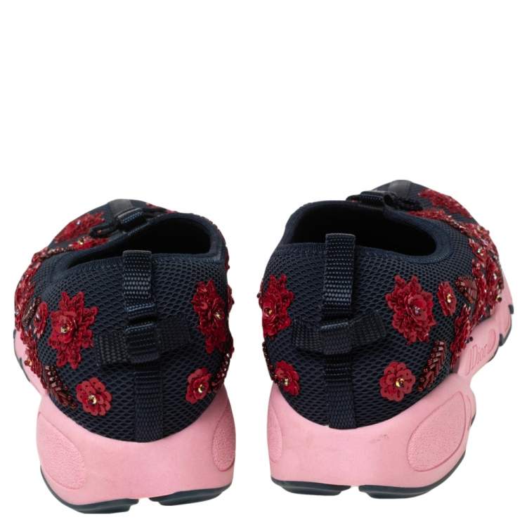 Pre Owned Dior Navy Blue Floral Embellished Mesh Fusion Slip-On Sneakers Size 37.5