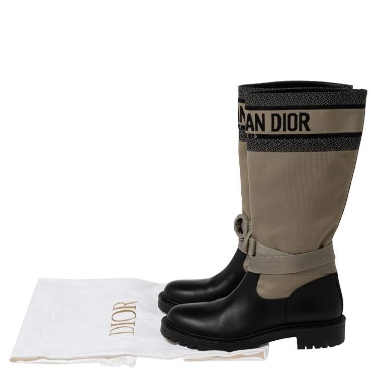 Pre Owned Dior Black/ Khaki Green Leather and Fabric D-Major Calf Boots Size 38.5