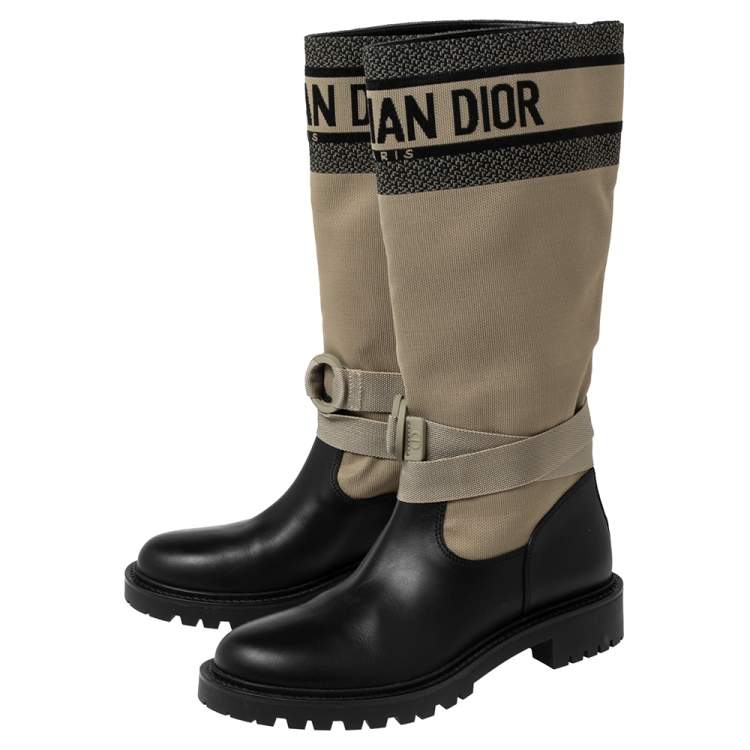 Pre Owned Dior Black/ Khaki Green Leather and Fabric D-Major Calf Boots Size 38.5