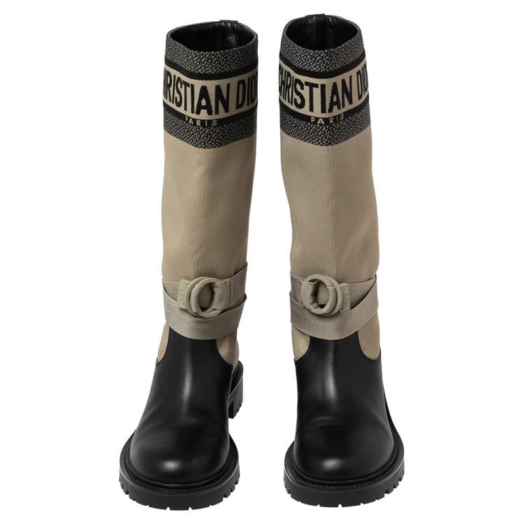 Pre Owned Dior Black/ Khaki Green Leather and Fabric D-Major Calf Boots Size 38.5