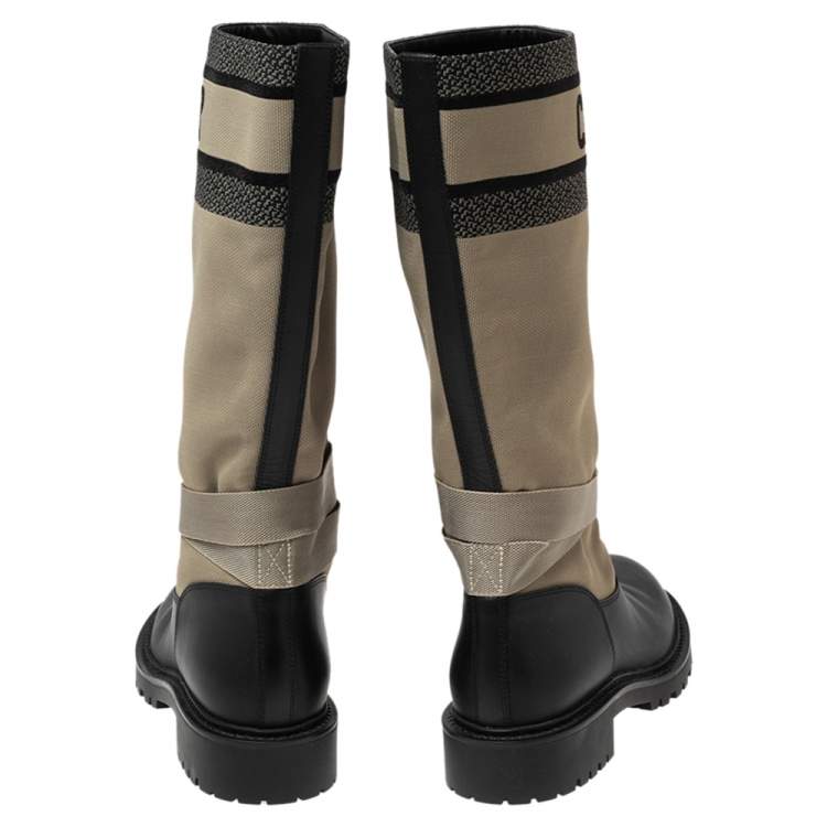 Pre Owned Dior Black/ Khaki Green Leather and Fabric D-Major Calf Boots Size 38.5