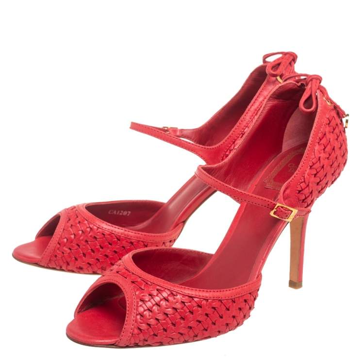 Pre Owned Dior Red Woven Leather Ankle Strap Sandals Size 40.5