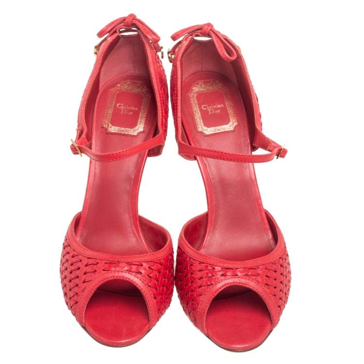 Pre Owned Dior Red Woven Leather Ankle Strap Sandals Size 40.5