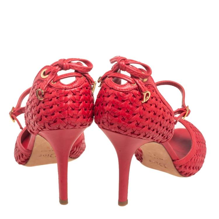 Pre Owned Dior Red Woven Leather Ankle Strap Sandals Size 40.5