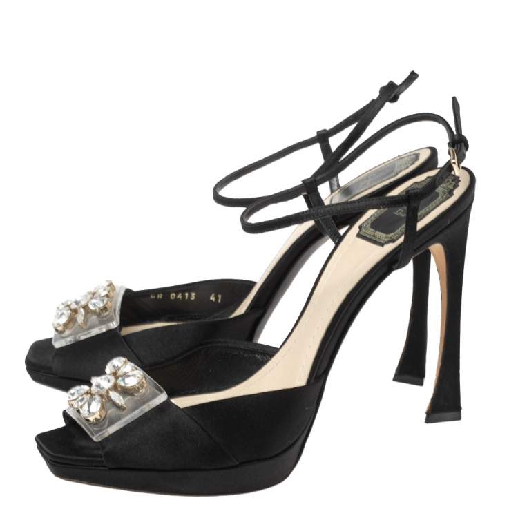 مملوكة مسبقًا Dior Black Satin PVC Crystal Embellished Open-Toe Ankle-Strap Sandals Size 41