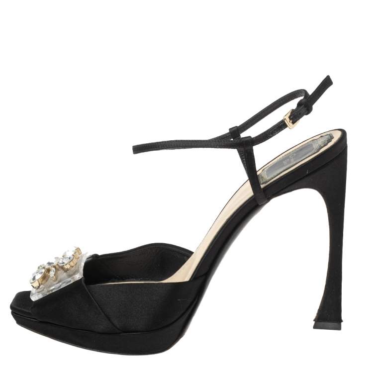 مملوكة مسبقًا Dior Black Satin PVC Crystal Embellished Open-Toe Ankle-Strap Sandals Size 41
