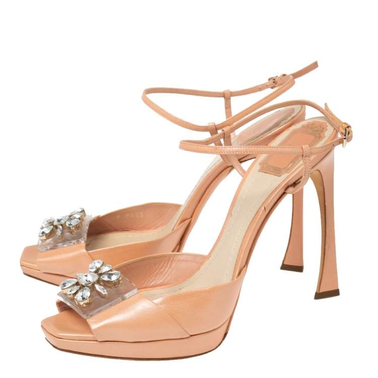 مملوكة مسبقًا Dior Peach Pink Shimmer Leather PVC Crystal Embellished Open-Toe Ankle-Strap Sandals Size 41