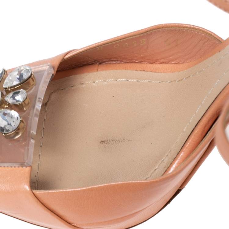 مملوكة مسبقًا Dior Peach Pink Shimmer Leather PVC Crystal Embellished Open-Toe Ankle-Strap Sandals Size 41