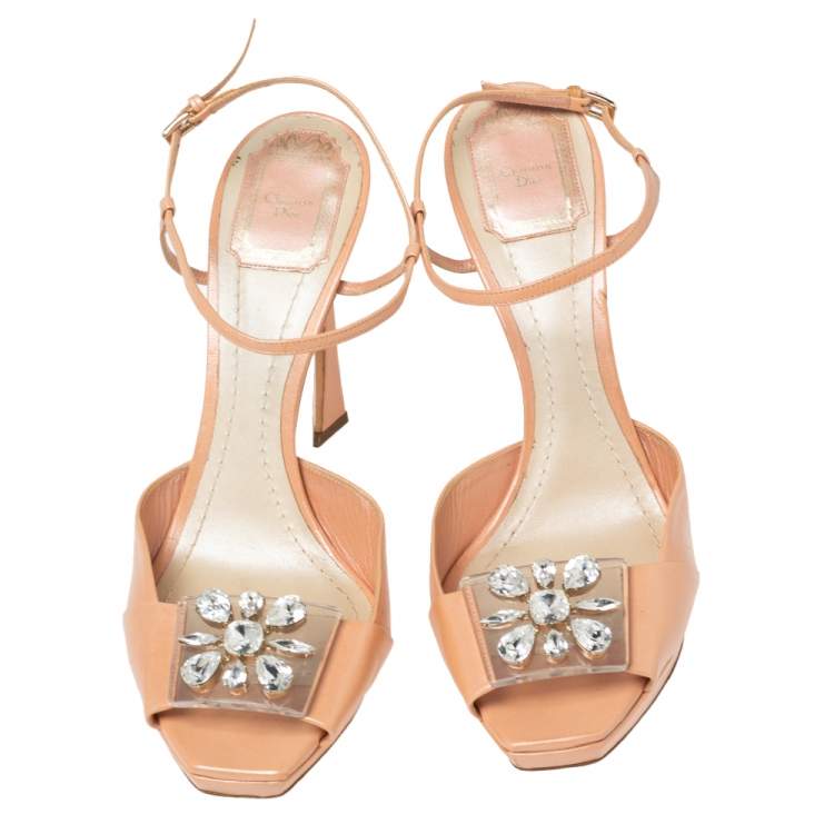 مملوكة مسبقًا Dior Peach Pink Shimmer Leather PVC Crystal Embellished Open-Toe Ankle-Strap Sandals Size 41