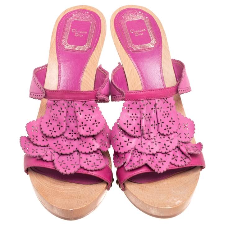 Pre Owned Dior Pink Leather Laser Cut Detail Clog Sandals Size 41