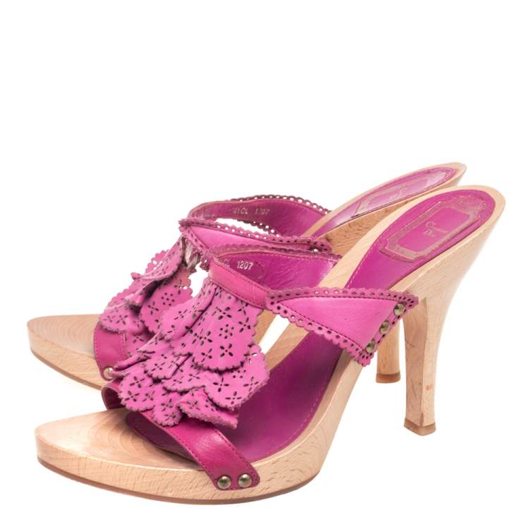Pre Owned Dior Pink Leather Laser Cut Detail Clog Sandals Size 41