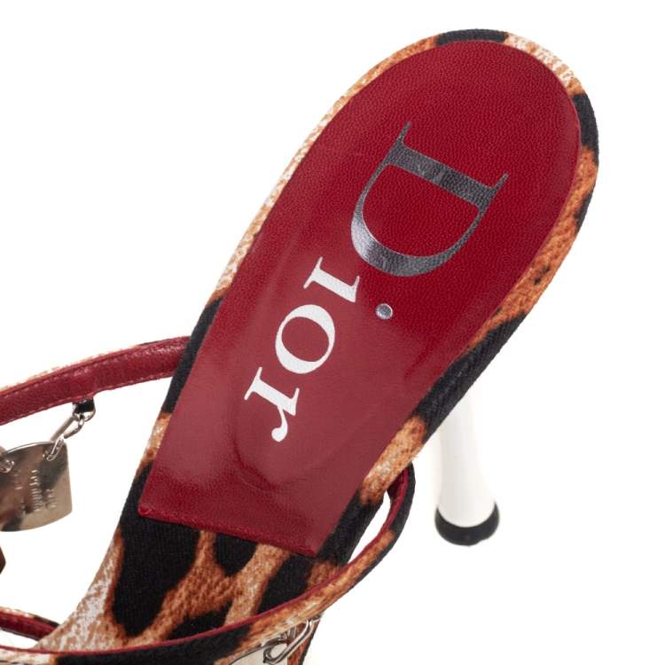 Pre Owned Dior Brown/Black Leopard Print Canvas Embellished Strappy Sandals Size 41
