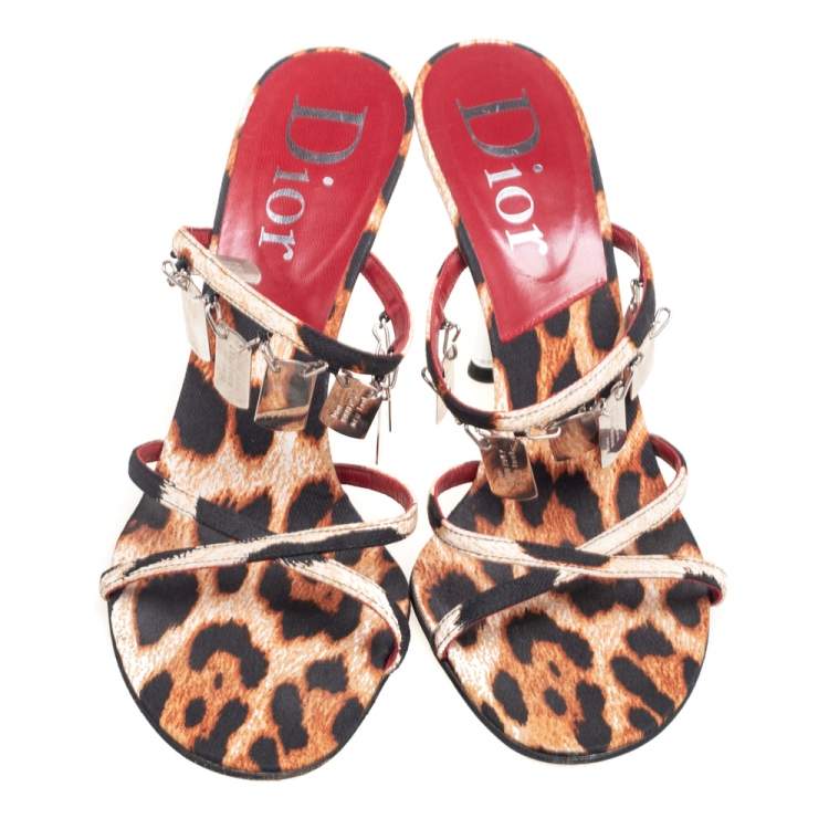 Pre Owned Dior Brown/Black Leopard Print Canvas Embellished Strappy Sandals Size 41