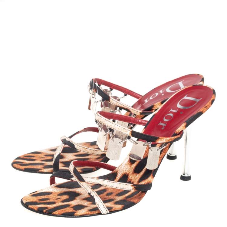Pre Owned Dior Brown/Black Leopard Print Canvas Embellished Strappy Sandals Size 41
