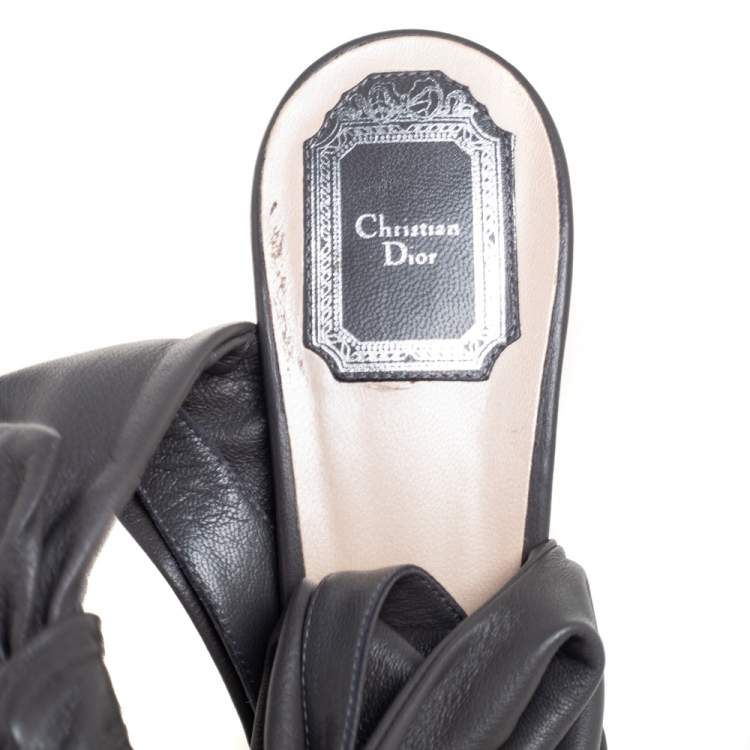 Pre Owned Dior Grey Pleated Leather Peep-Toe D'orsay Bow Slingback Sandals Size 40.5 