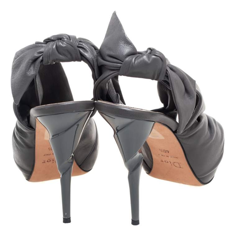 Pre Owned Dior Grey Pleated Leather Peep-Toe D'orsay Bow Slingback Sandals Size 40.5 