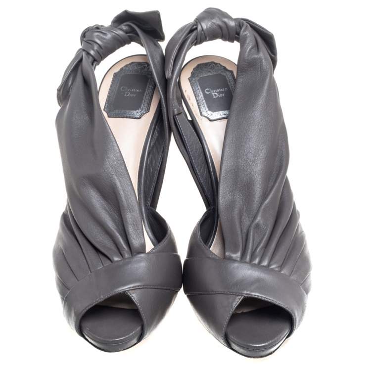 Pre Owned Dior Grey Pleated Leather Peep-Toe D'orsay Bow Slingback Sandals Size 40.5 