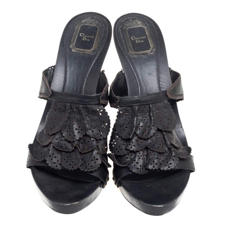 Pre Owned Dior Black Leather Laser Cut Detail Clog Sandals Size 41