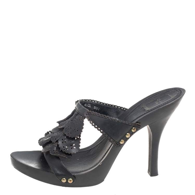 Pre Owned Dior Black Leather Laser Cut Detail Clog Sandals Size 41