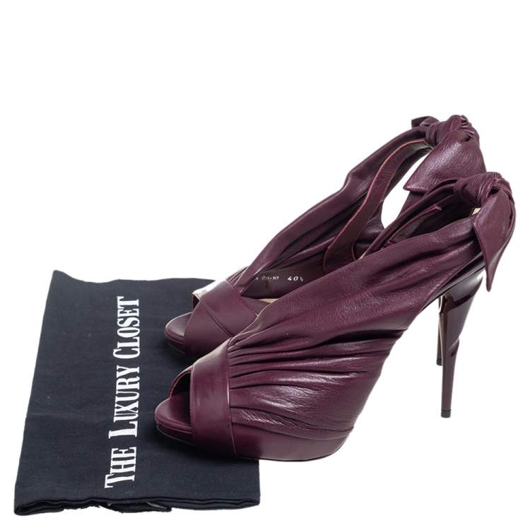 Pre Owned Dior Plum Pleated Leather Peep-Toe D'orsay Bow Slingback Sandals Size 40.5 