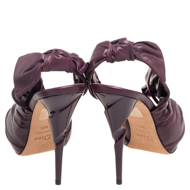 Pre Owned Dior Plum Pleated Leather Peep-Toe D'orsay Bow Slingback Sandals Size 40.5 