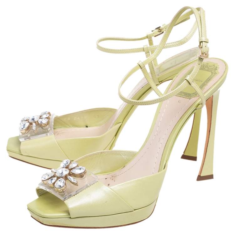 Pre Owned Dior Green Satin PVC Crystal Embellished Open-Toe Ankle-Strap Sandals Size 41