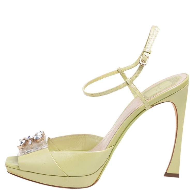 Pre Owned Dior Green Satin PVC Crystal Embellished Open-Toe Ankle-Strap Sandals Size 41