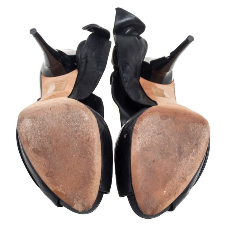 Pre Owned Dior Black Pleated Leather Peep-Toe D'orsay Bow Slingback Sandals Size 40.5 