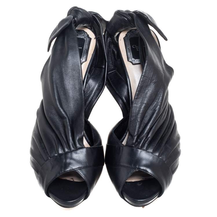 Pre Owned Dior Black Pleated Leather Peep-Toe D'orsay Bow Slingback Sandals Size 40.5 
