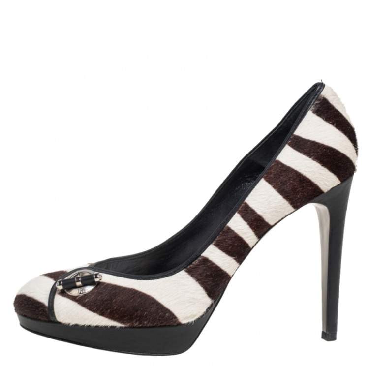 Pre Owned Dior Brown/White Striped Calf Hair Buckle Detail Platform Pumps Size 41