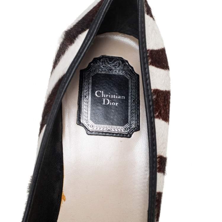 Pre Owned Dior Brown/White Striped Calf Hair Buckle Detail Platform Pumps Size 41