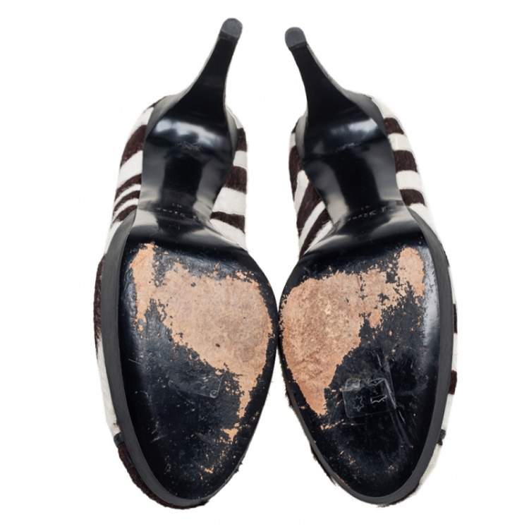 Pre Owned Dior Brown/White Striped Calf Hair Buckle Detail Platform Pumps Size 41