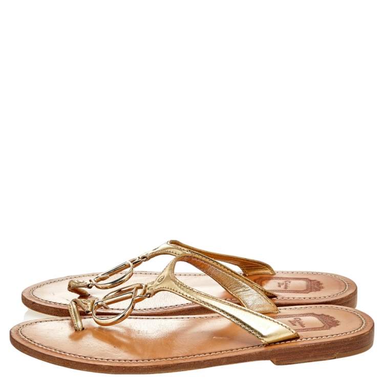 Pre Owned Dior Gold Leather CD Logo Thong Slide Sandals Size 37