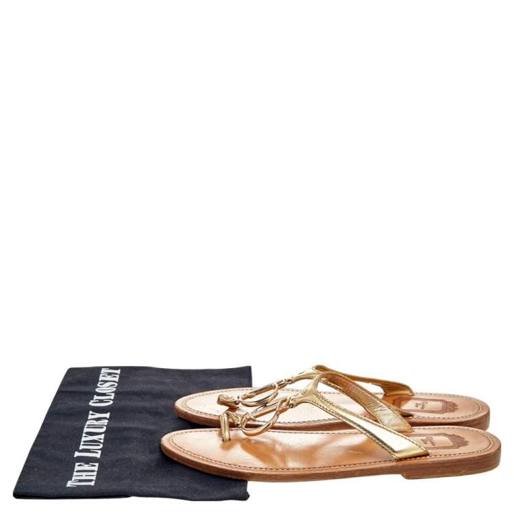 Pre Owned Dior Gold Leather CD Logo Thong Slide Sandals Size 37