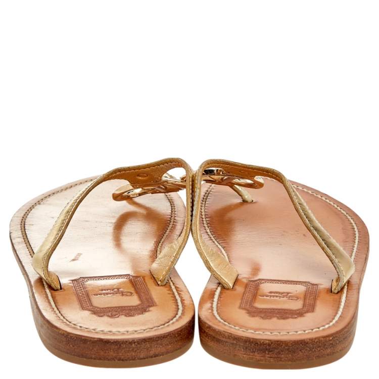 Pre Owned Dior Gold Leather CD Logo Thong Slide Sandals Size 37