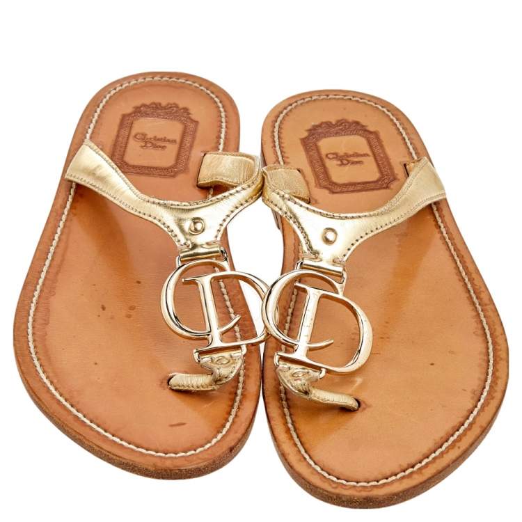 Pre Owned Dior Gold Leather CD Logo Thong Slide Sandals Size 37