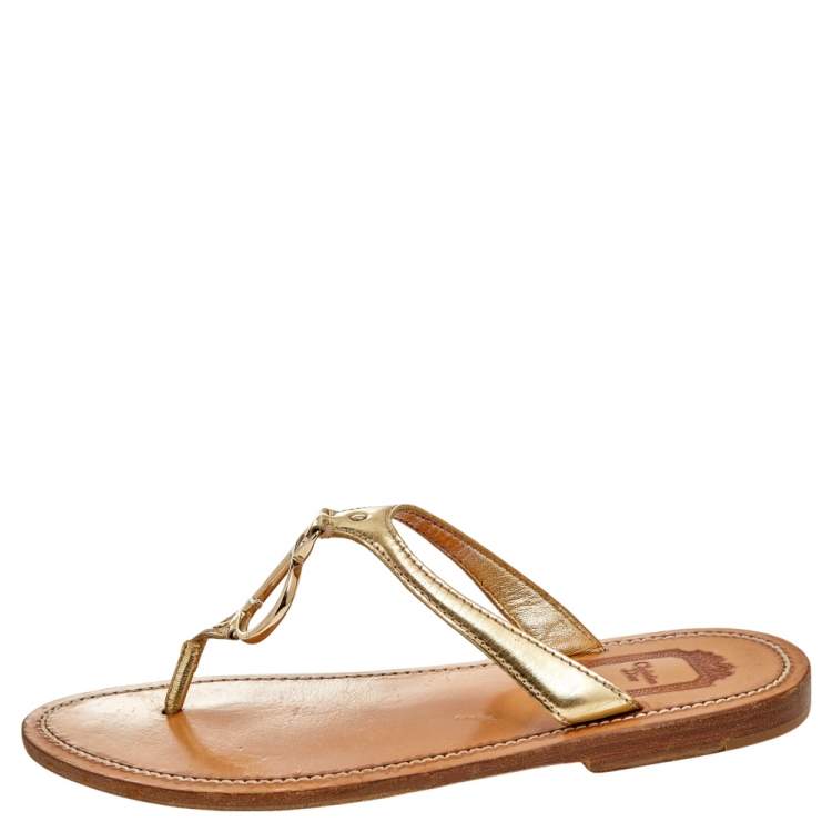 Pre Owned Dior Gold Leather CD Logo Thong Slide Sandals Size 37