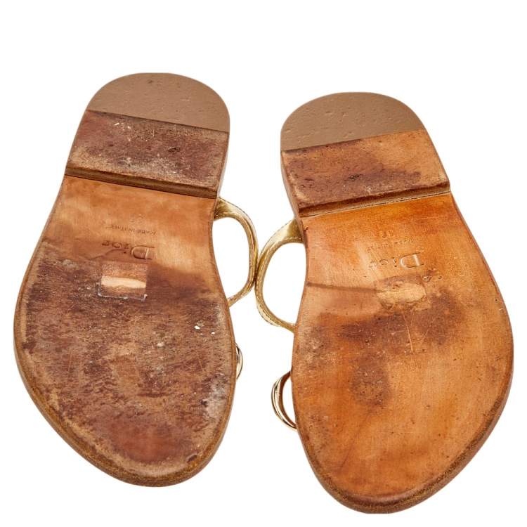 Pre Owned Dior Gold Leather CD Logo Thong Slide Sandals Size 37