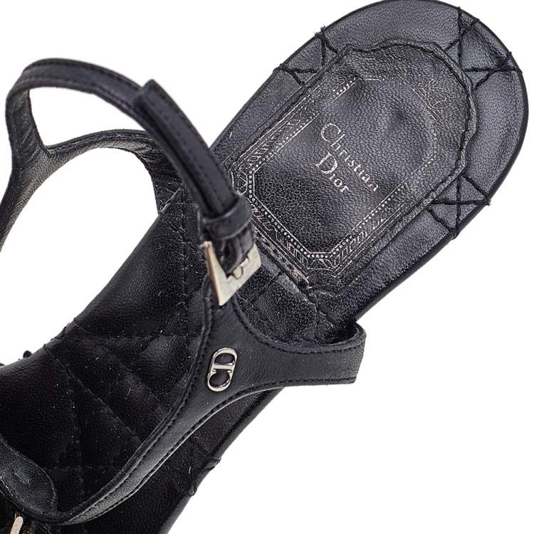 Pre Owned Dior Black Leather And Satin Rose Chain Ankle Strap Platform Sandals Size 37