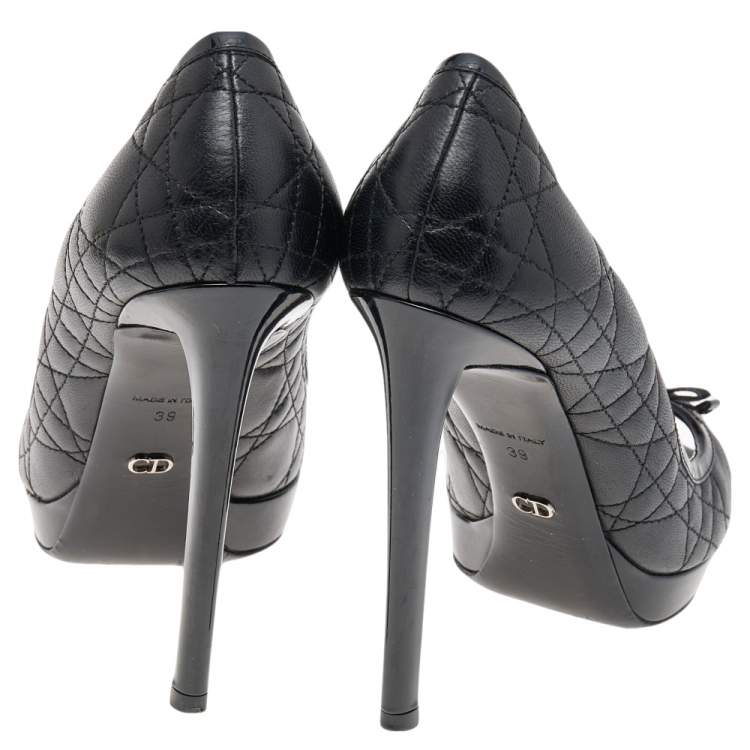 Pre Owned Dior Black Patent And Leather Bow Peep Toe Platform Pumps Size 39
