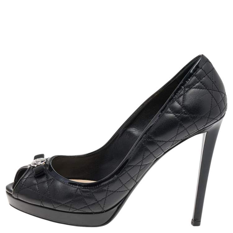 Pre Owned Dior Black Patent And Leather Bow Peep Toe Platform Pumps Size 39