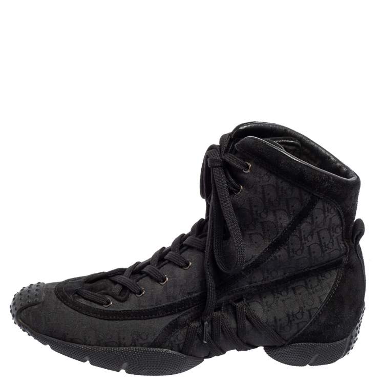 Pre Owned Dior Black Oblique Canvas and Leather Lace Up High Top Sneakers Size 36