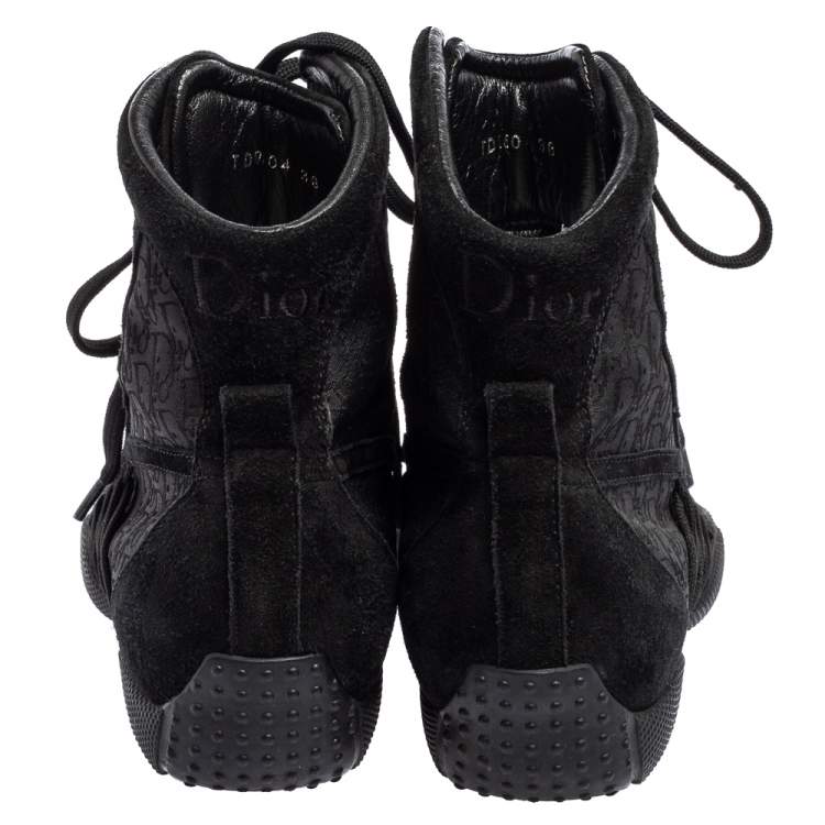 Pre Owned Dior Black Oblique Canvas and Leather Lace Up High Top Sneakers Size 36