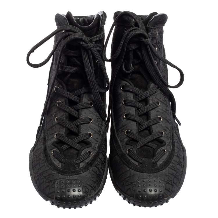 Pre Owned Dior Black Oblique Canvas and Leather Lace Up High Top Sneakers Size 36