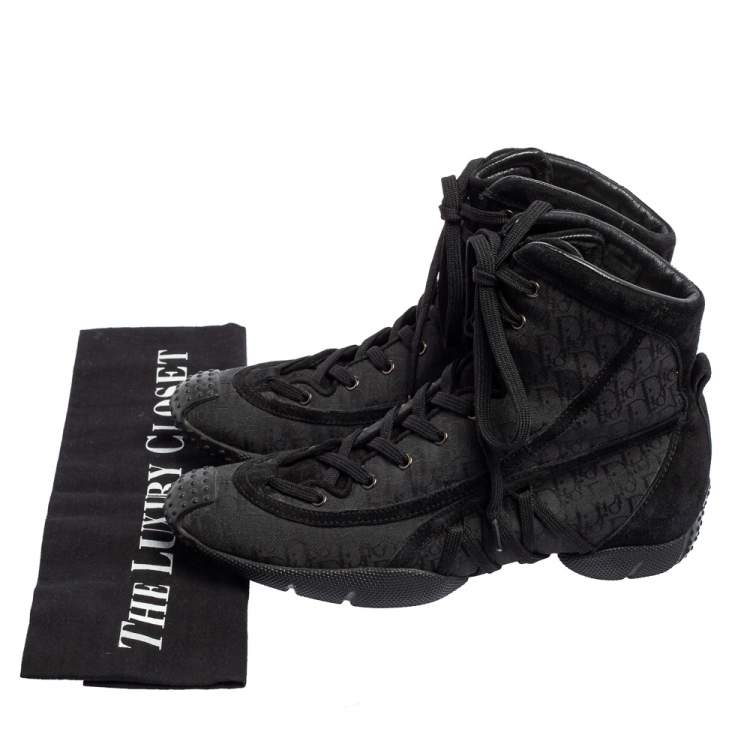 Pre Owned Dior Black Oblique Canvas and Leather Lace Up High Top Sneakers Size 36