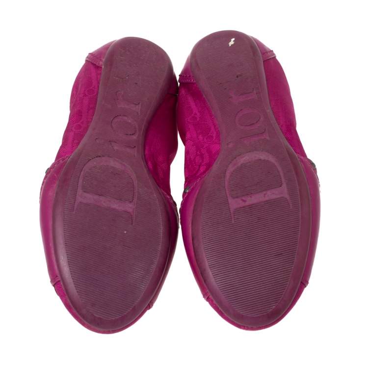 Pre Owned Dior Magenta Studded Leather And Canvas Logo Scrunch Ballet Flats Size 36.5